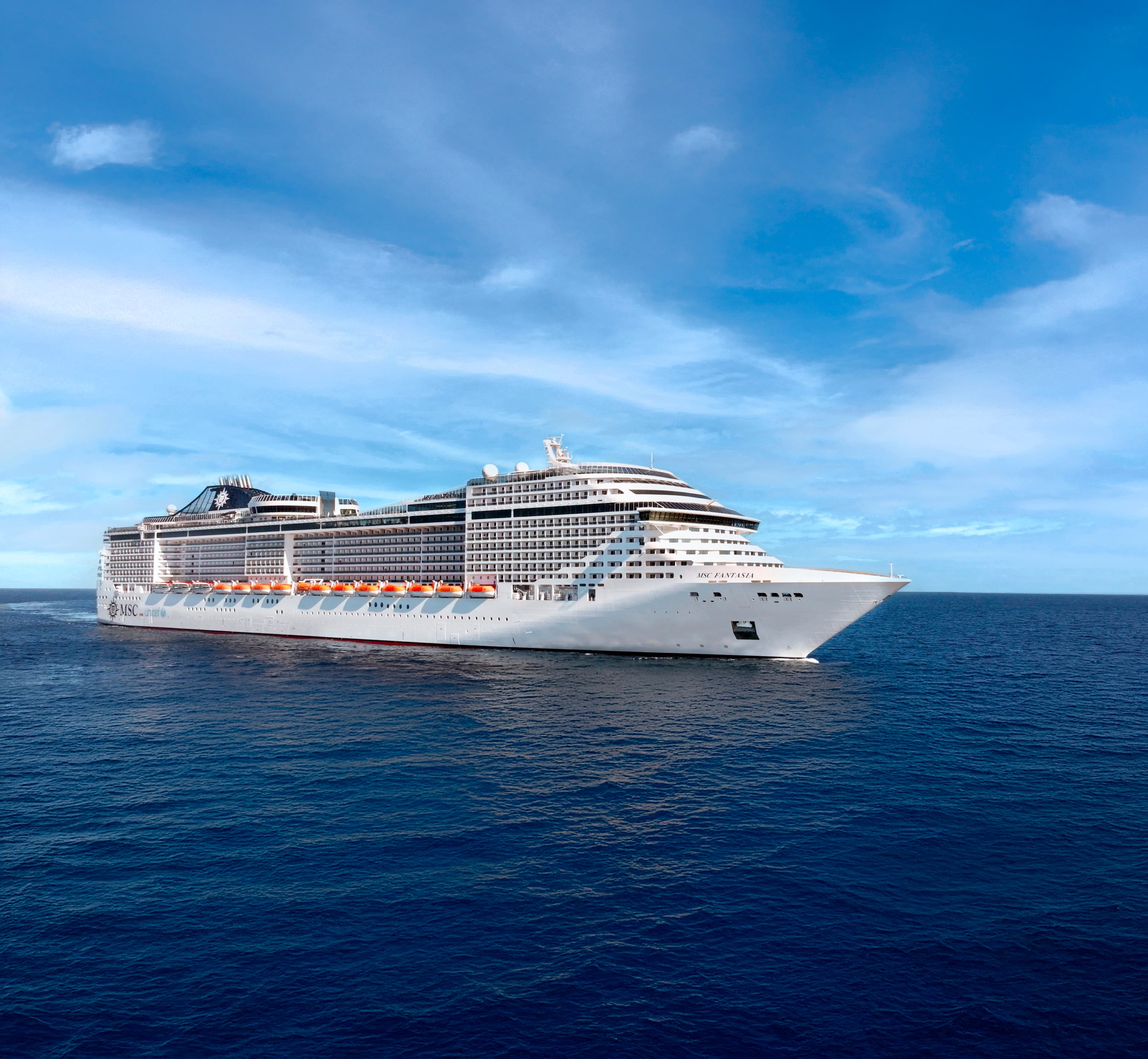 MSC Fantasia starboard aerial underway under a clear blue sky