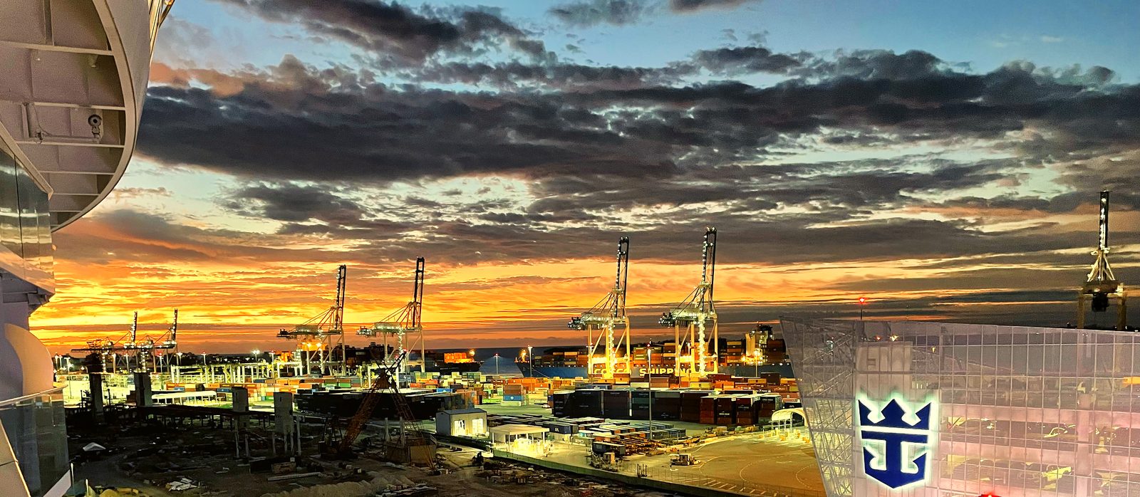 Sunrise over the Port of Miami harbor, with ships and the waterfront skyline